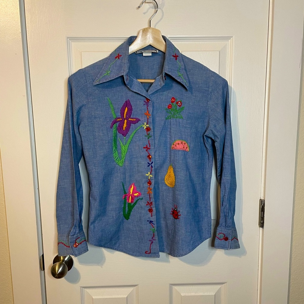VTG San Francisco Shirt Works 70s blue button down embroidered shirt sz 13/14